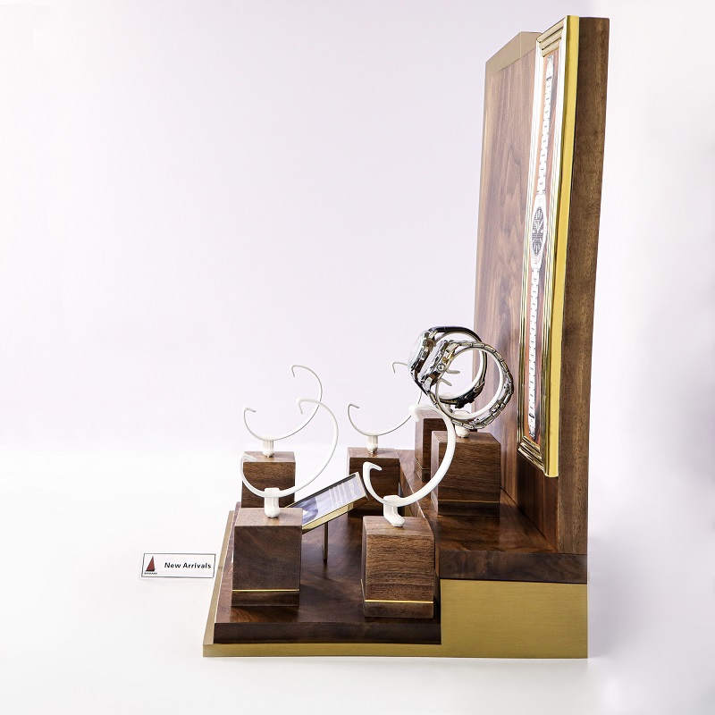 Luxury Walnut Wood Stainless Steel Watch Display Stand Side View