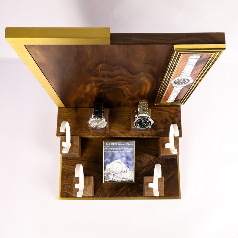 Luxury Walnut Wood Stainless Steel Watch Display Stand Top Angle