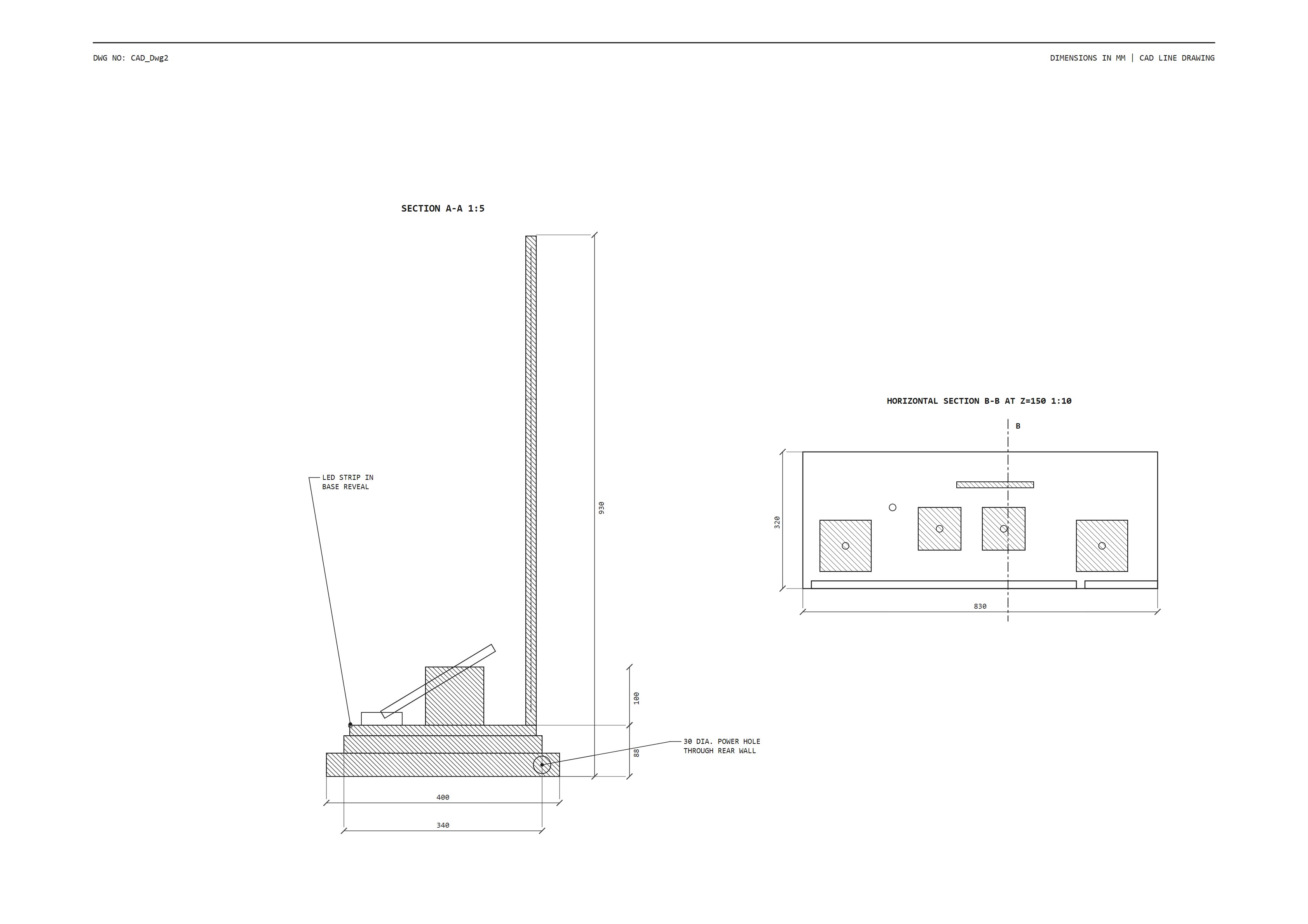CAD plan and elevation drawing for custom watch display stand