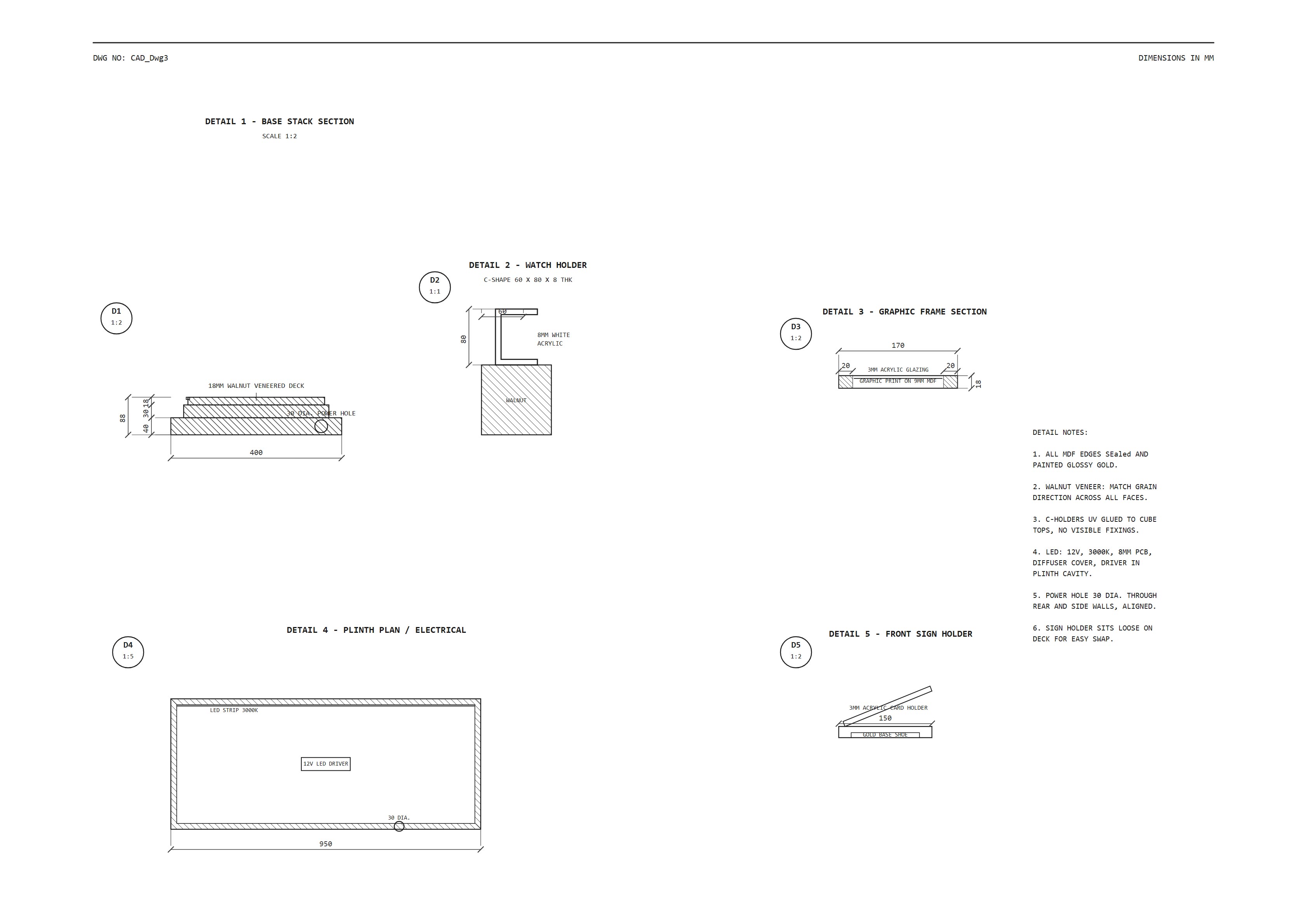 CAD section structure drawing of watch showcase display stand