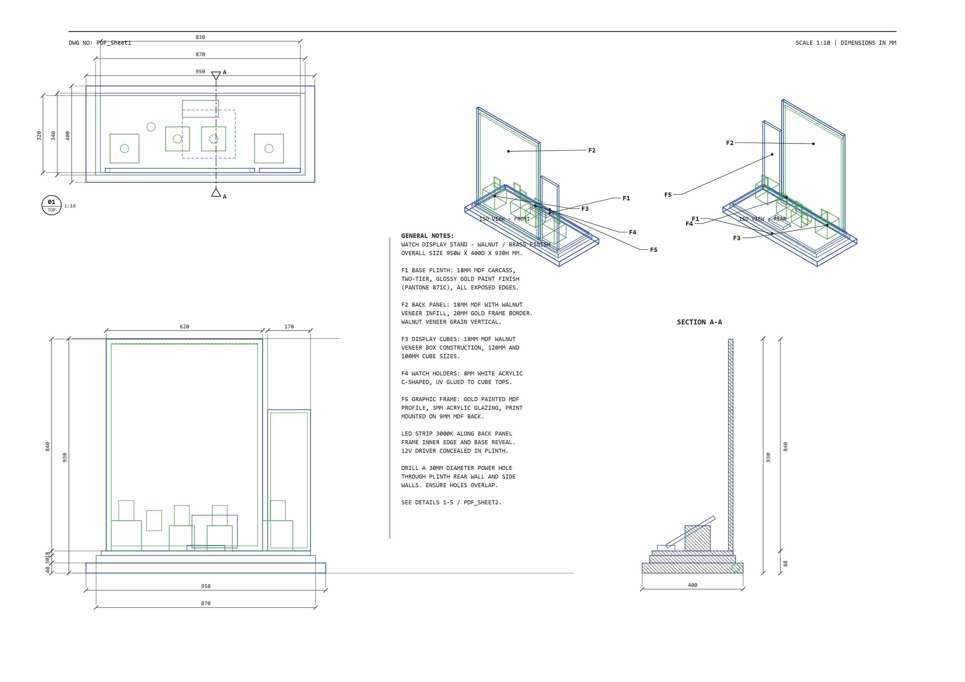 Custom watch display stand general assembly engineering drawing