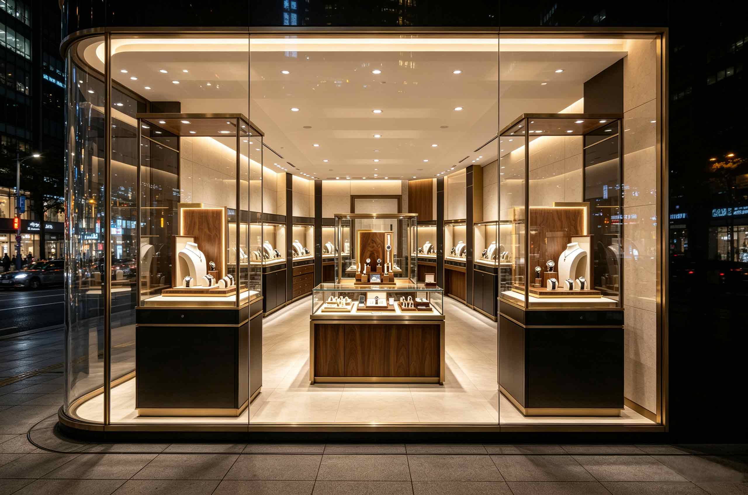 Light luxury black walnut and metal inlaid watch display stand inside glass showcase, watch boutique interior