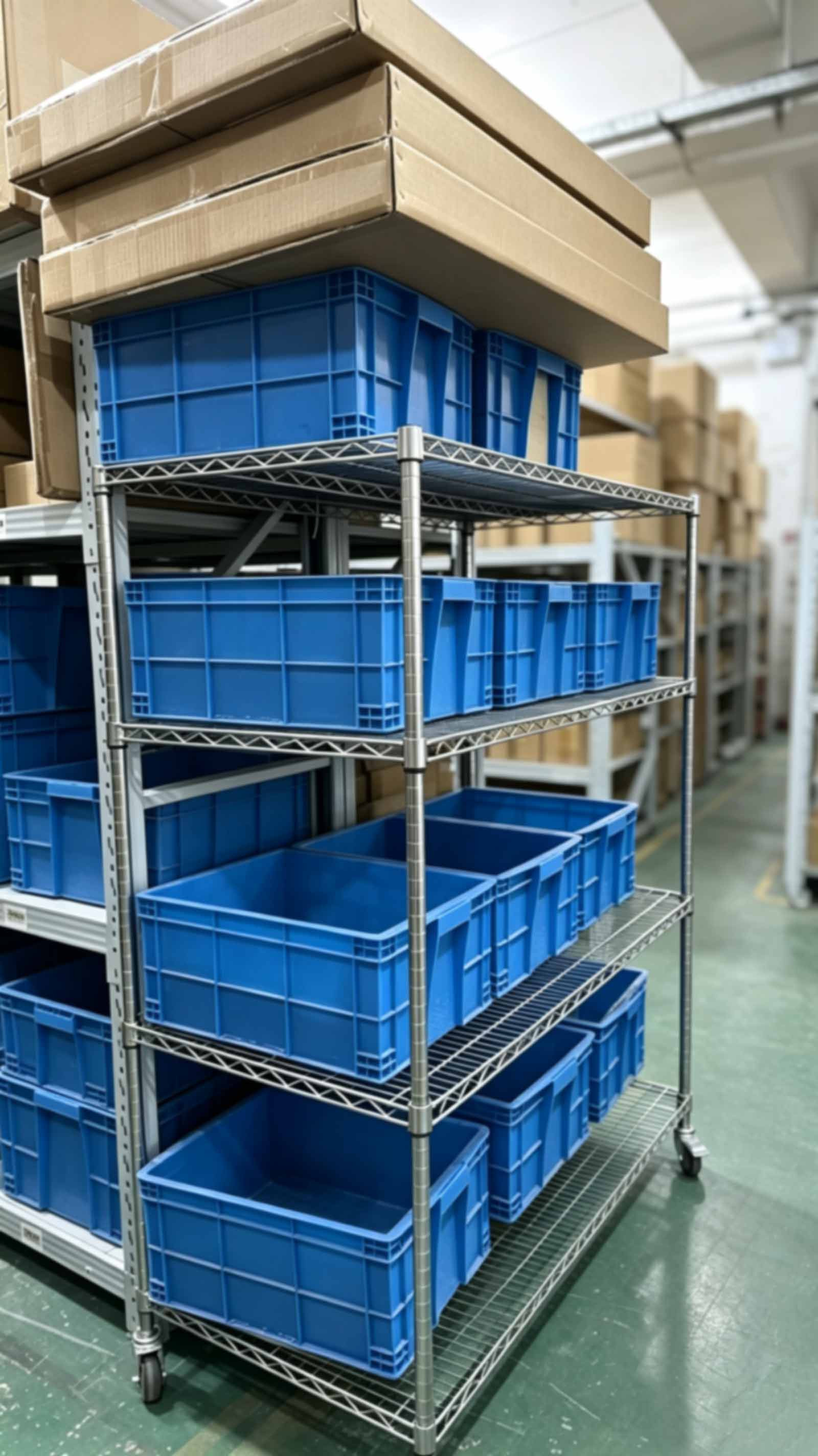 mobile metal storage rack plastic bin factory inventory