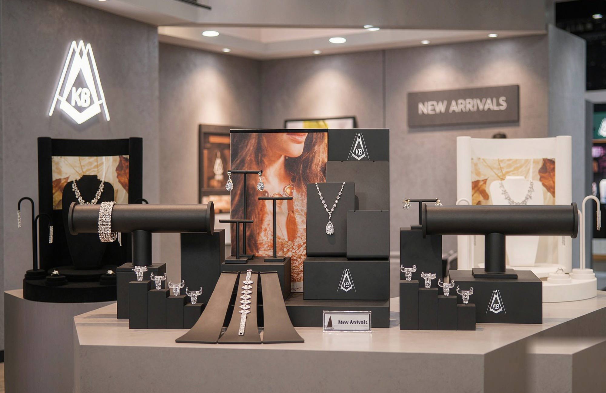 Modern Retail Counter Black Jewelry Display Fixtures Setup