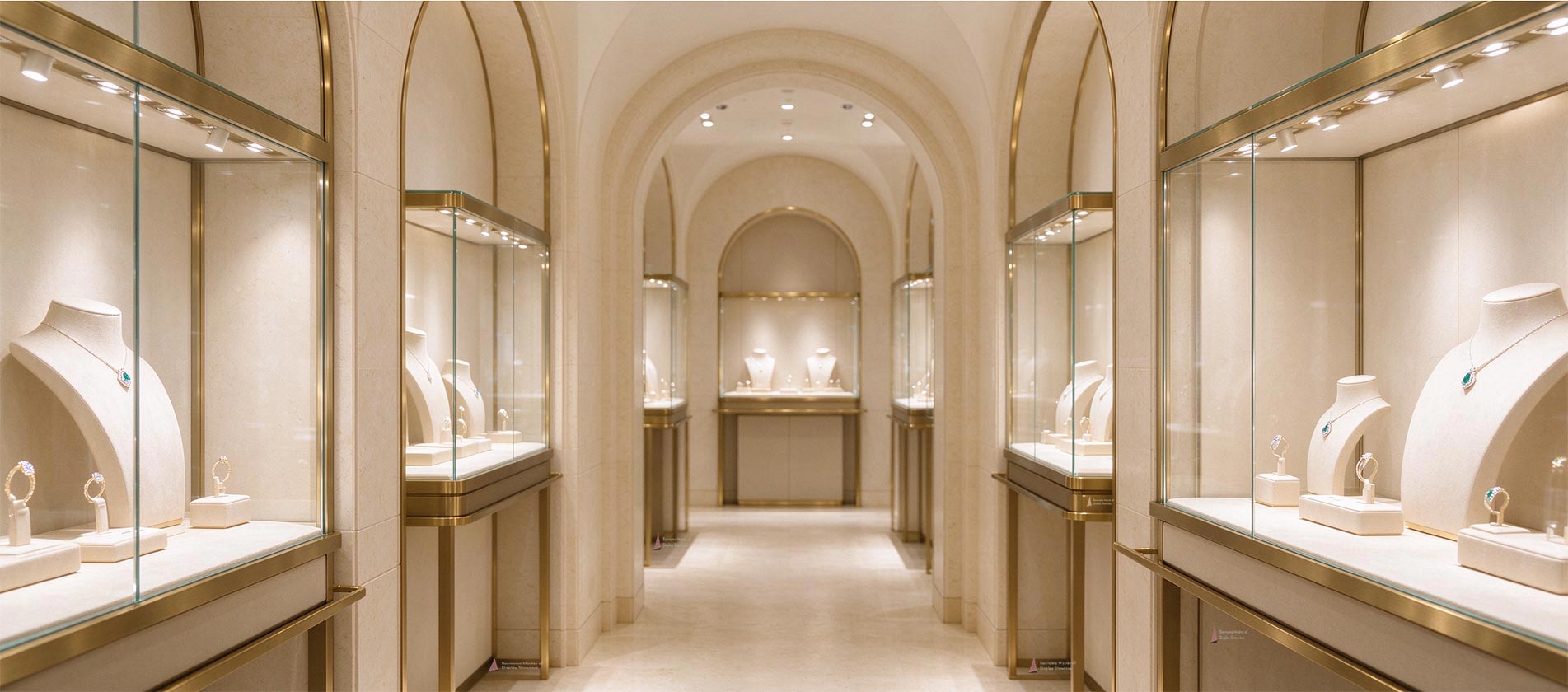 Bannama luxury jewelry shop interior, arched corridor glass display cabinets for jewelry exhibition