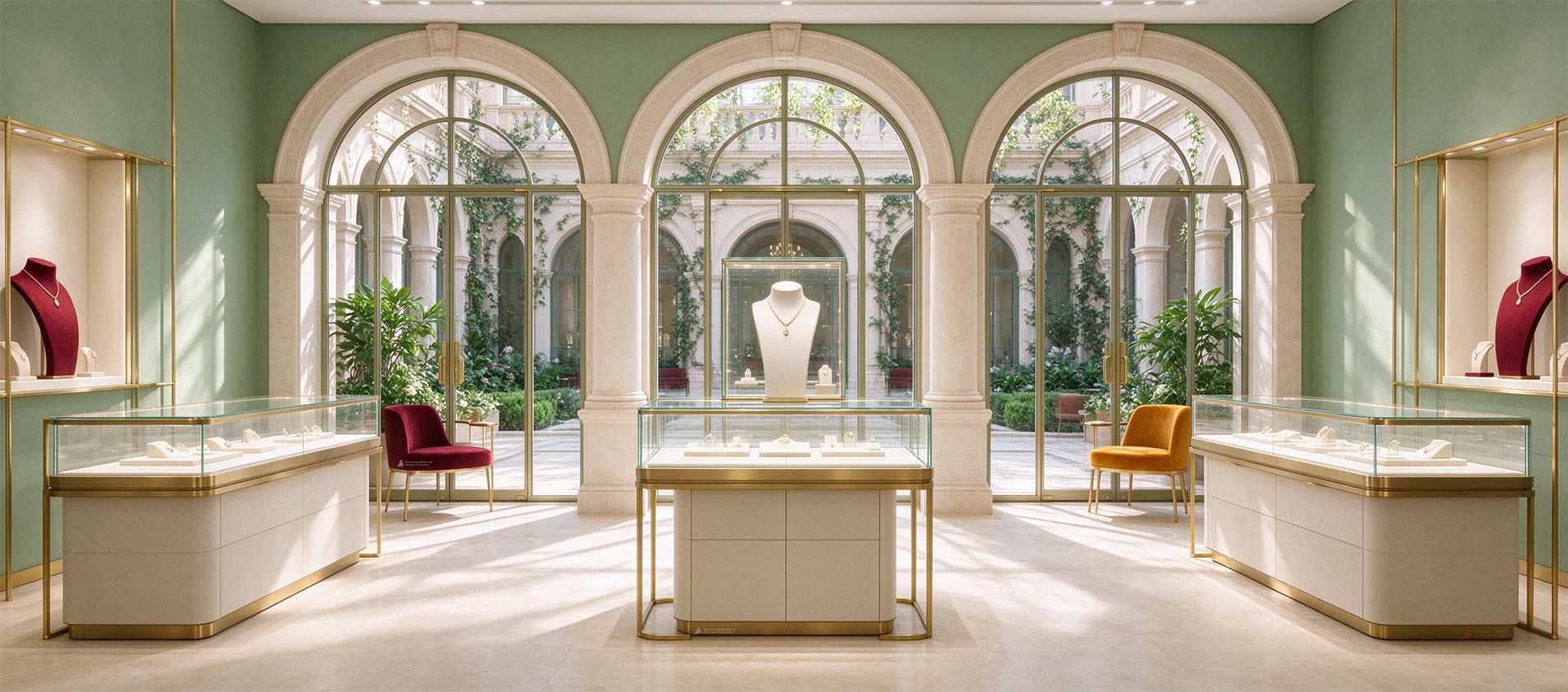Realistic photo of luxury jewelry showroom with arched windows, green walls and custom gold framed jewelry display fixtures for retail boutique.