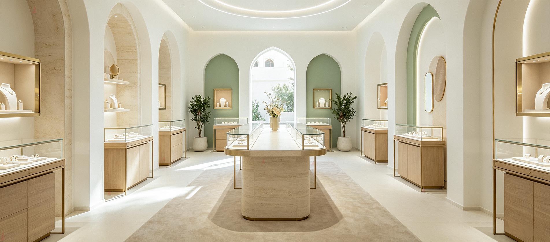 Luxury jewelry store interior with modern arched walls, travertine stone, wooden display cabinets and central glass island showcase, Bannama custom retail fixtures