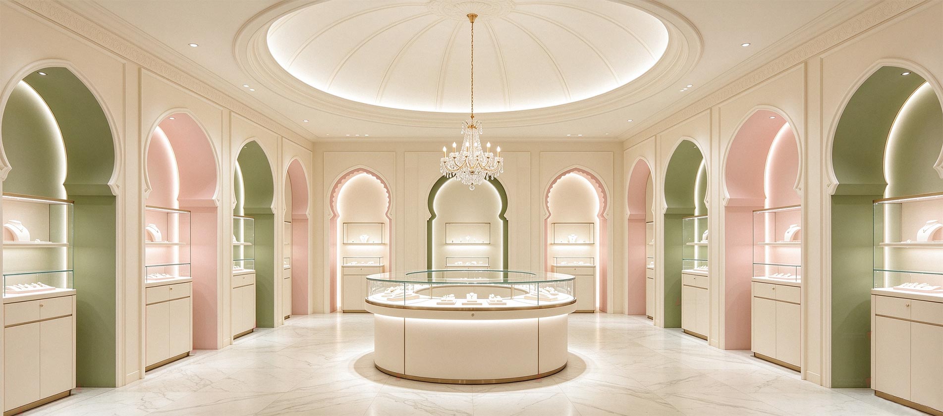 Elegant jewelry boutique interior with pastel arched niches, domed ceiling, crystal chandelier and round glass display island, Bannama luxury display fixtures